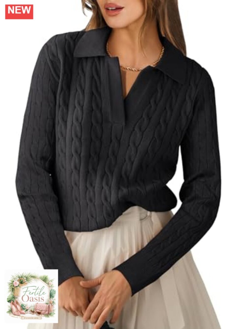 Cable Knit Long Sleeve Polo Sweater Pullover V-Neck Stretchy Fall